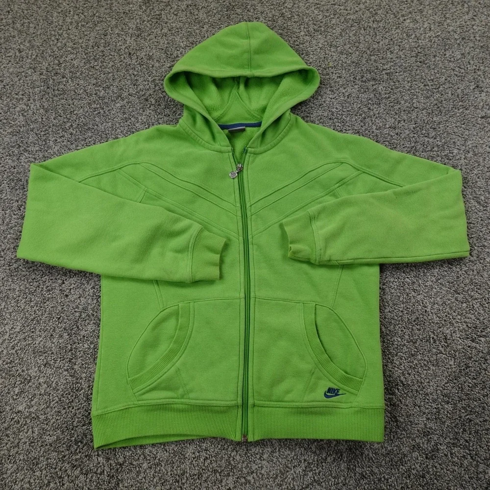 VTG‎ Nike Hoodie Womens L Green Swoosh Full Zip Sweathsirt Fleece Jacket Gym Y2K